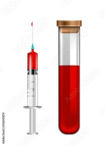 Test Tube with Blood and Syringe. Retort, Beaker. Blood Sampling