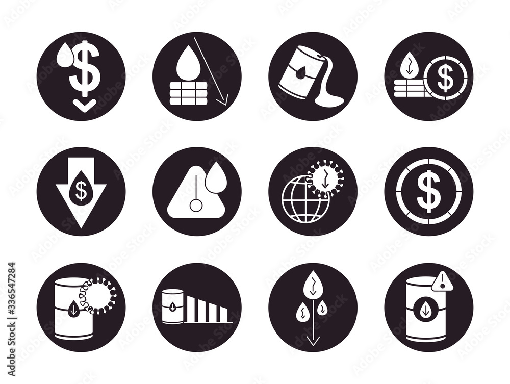 arrows and oil crash icon set, silhouette style arrows and oil crash icon set, silhouette style