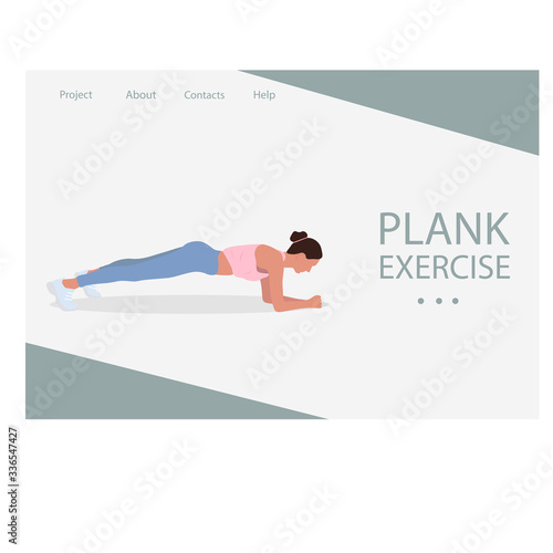 Web page design for Fitness, Sport training, Healthy lifestyle. Women in sportswear doing plank exercise. Vector illustration for poster, banner, website, placard, flyer.