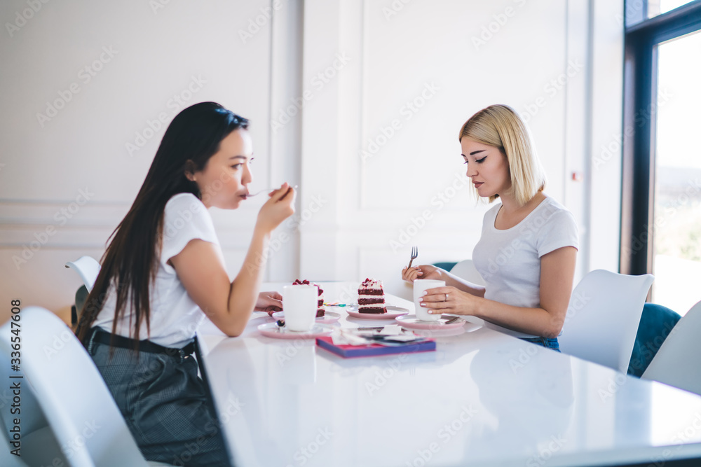Multiracial women tasting cakes in cafe Multiracial women tasting cakes in cafe