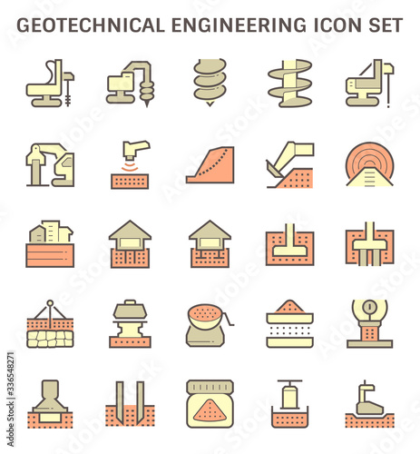 Geotechnical engineering, geotechnics and geology vector icon with machine equipment i.e. earth auger drill core bit, rig. Include survey, soil sample, laboratory test analysis for road, foundation.