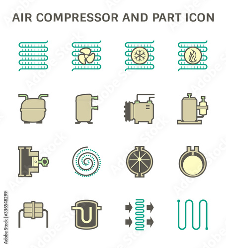 Air compressor or air condenser unit is a part of air conditioning HVAC systems. Vary type of compressor such as reciprocating, scroll, rotary, rotary vane. Including receiver. Vector icon design.