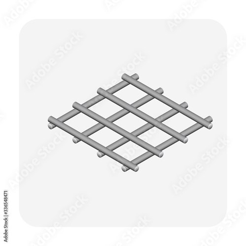 Welded wire mesh or weldmesh metal steel vector icon. That cross wire with spacing by electric fusion welded or prefabricated joined grid. That construction material for reinforcing concrete slab.