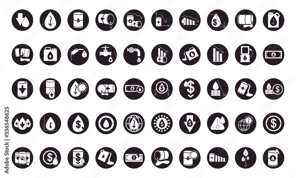 icon set of oil crash concept, silhouette style icon set of oil crash concept, silhouette style