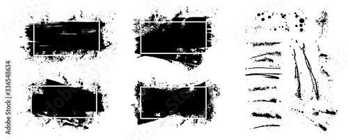 Text boxes grunge with frame, isolated on white background. Black splashes, Dirty artistic design elements, boxes, frames for text. Collection black paint, ink brush strokes, brushes, lines. Vector