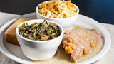 Southern comfort food: Chicken, Collard greens, Mac and Cheese