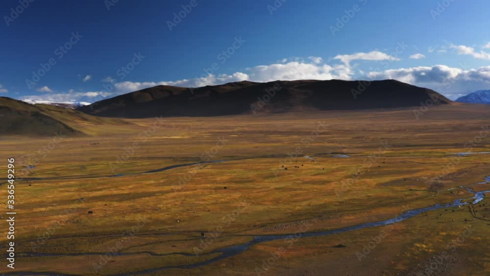 Mongolian steppe wilderness in Bayan-Olgii, Altai Mountains, aerial landscape view Mongolian steppe wilderness in Bayan-Olgii, Altai Mountains, aerial landscape view