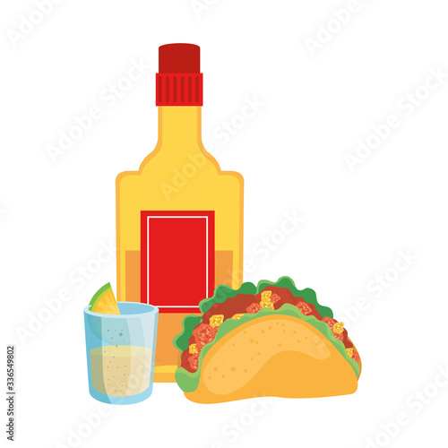 Mexican taco tequila bottle and shot design, Mexico culture tourism landmark latin and party theme Vector illustration