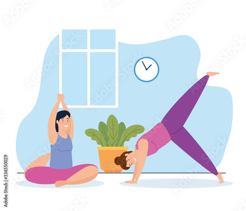 women exercising in the house scene vector illustration design