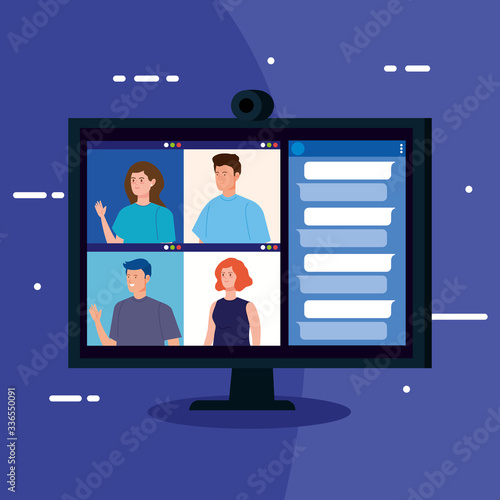 people in video conference in computer vector illustration design