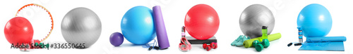 Set of sports equipment with fitness balls on white background