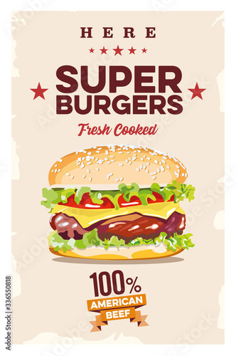 Fast food vintage vector poster. Hamburger