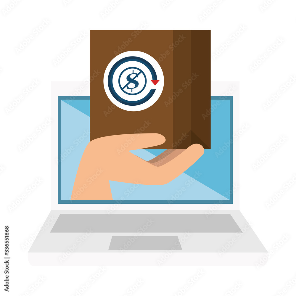hand with box in computer and symbol dollar in forbidden sign vector illustration design hand with box in computer and symbol dollar in forbidden sign vector illustration design