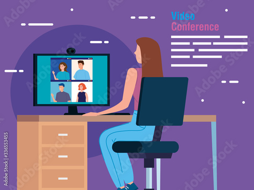 woman in video conference from the computer vector illustration design