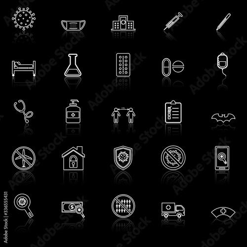 Coronavirus line icons with reflect on black background photo