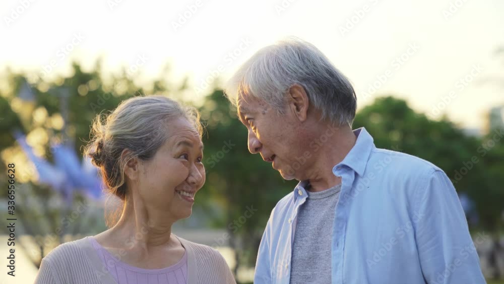 loving old asian couple talking while taking a walk outdoors in park loving old asian couple talking while taking a walk outdoors in park