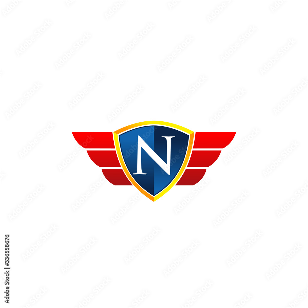 Vector Shield with wing and initial letter N concept icon logo Vector Shield with wing and initial letter N concept icon logo