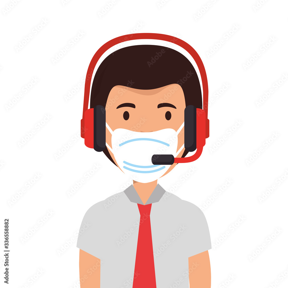 man agent call center with face mask vector illustration design