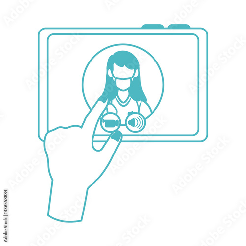 online doctor, hand with tablet computer physician consultation medical covid 19, line style icon