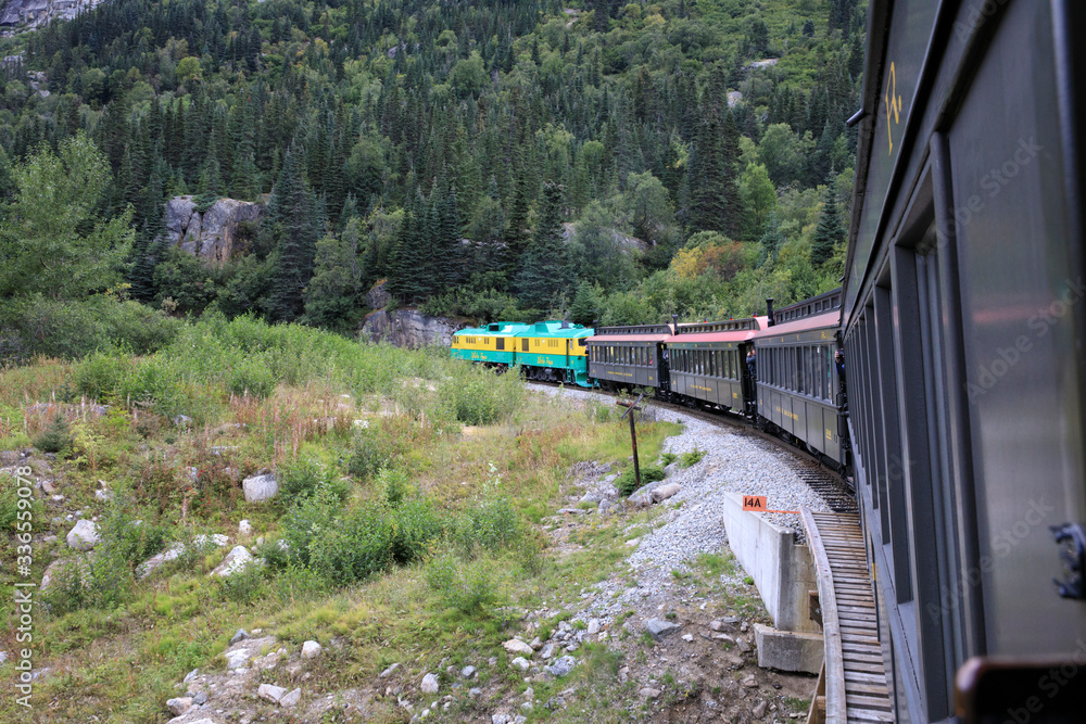 Fototapeta premium Skagway, Alaska / USA - August 10, 2019: White pass train, Skagway, Alaska, USA