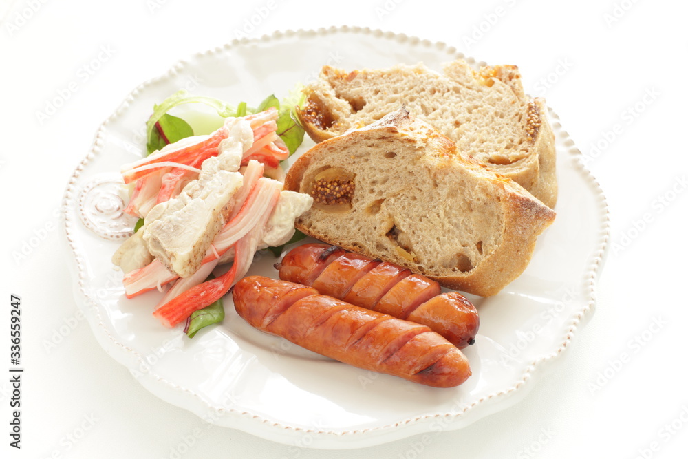 Homemade fig French bread and sausage with crab stick chicken salad
