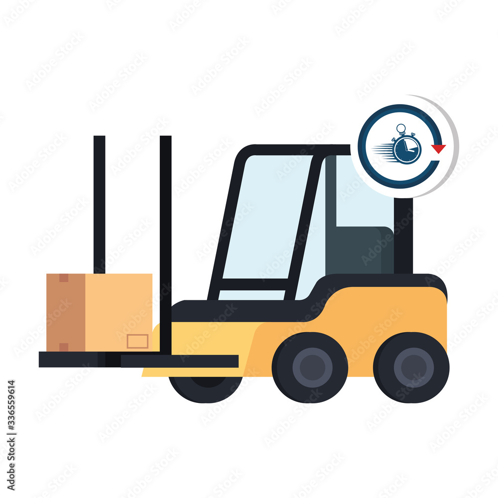 box package cargo in forklift with chronometer vector illustration design