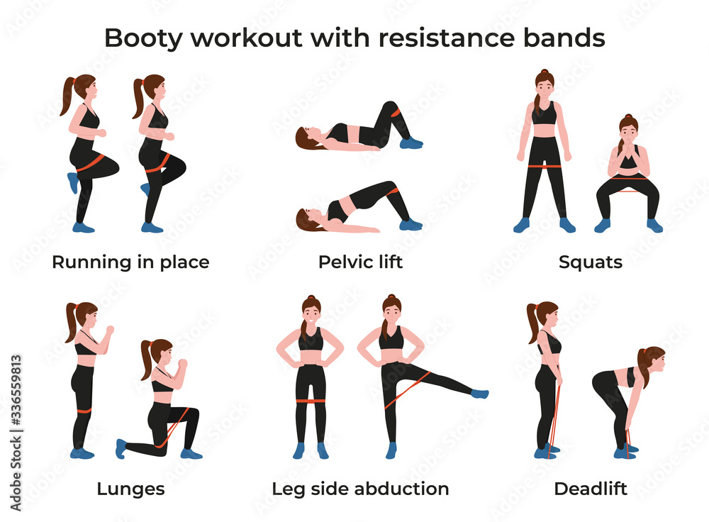 Set Booty or glutes workout with resistance bands. Stay home and