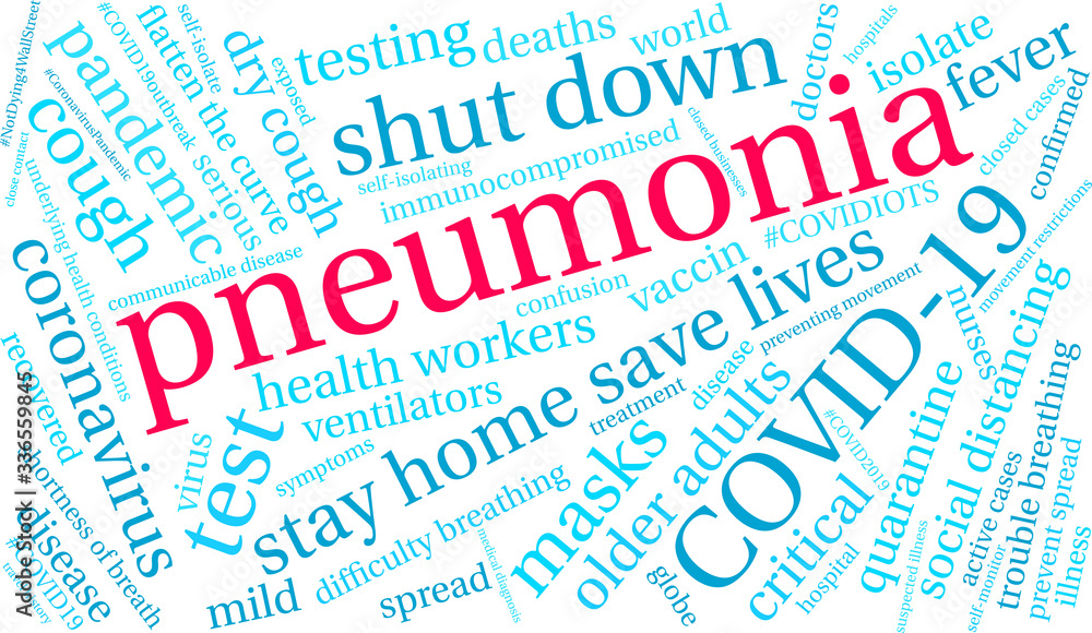 Pneumonia animated Covid-19 word cloud on a white background. Pneumonia animated Covid-19 word cloud on a white background.