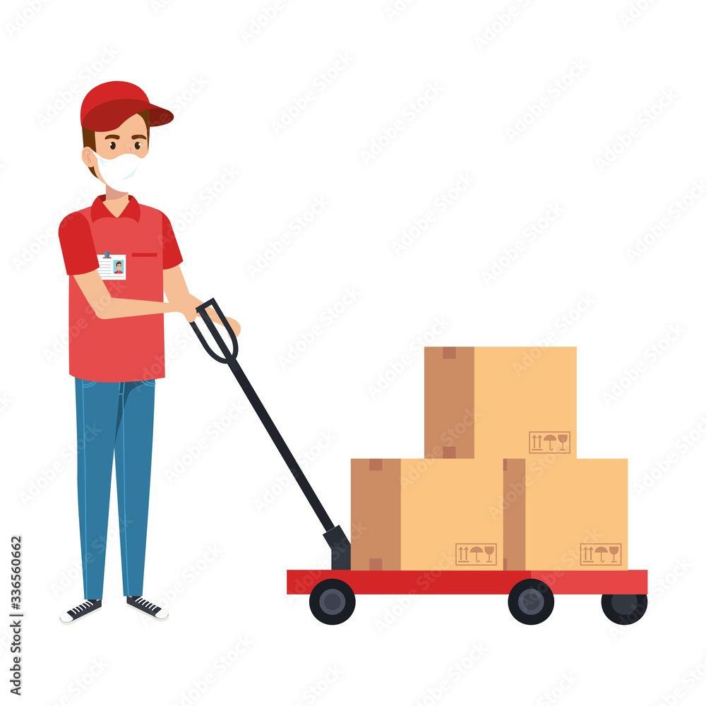 delivery worker using face mask with boxes carton in wheelbarrow vector illustration design delivery worker using face mask with boxes carton in wheelbarrow vector illustration design