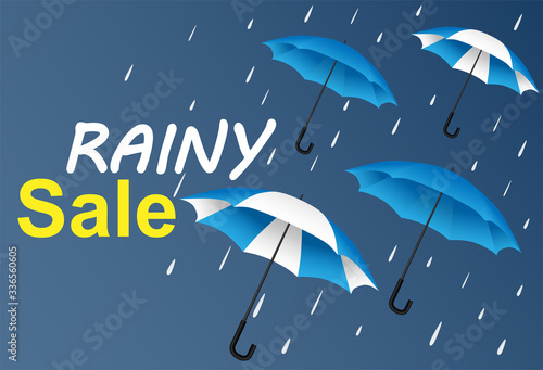 monsoon season sale. design with raining drops, umbrella and rain clouds on blue background. vector.