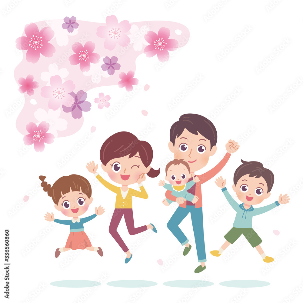 Illustration of a family of five enjoying watching the Japanese cherry tree Illustration of a family of five enjoying watching the Japanese cherry tree