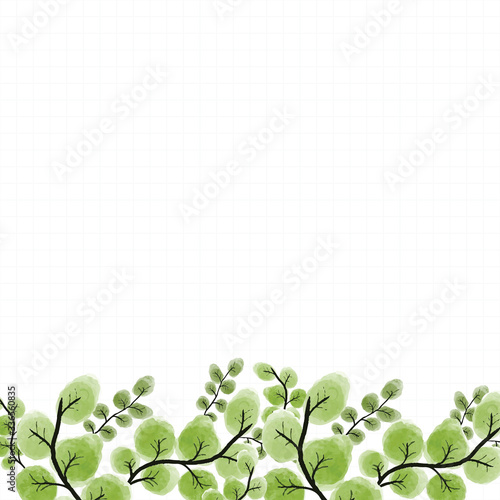 Abstract grid white background with hand draw watercolor green leaf.