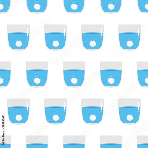 Fizzy tablet, aspirin pill in a glass of water vector seamless pattern background.
