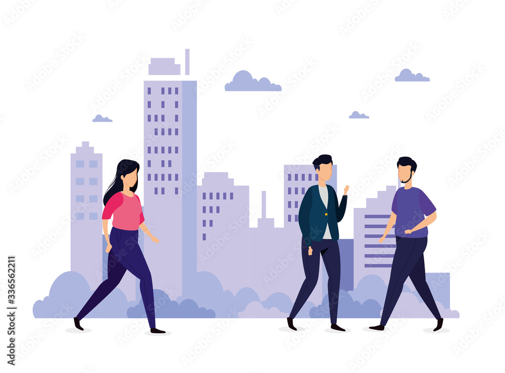 urban scene with young people walking vector illustration design