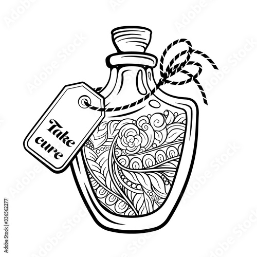 Bottle with magic healing potion. Black and white vector graphic. Antistress coloring page.
