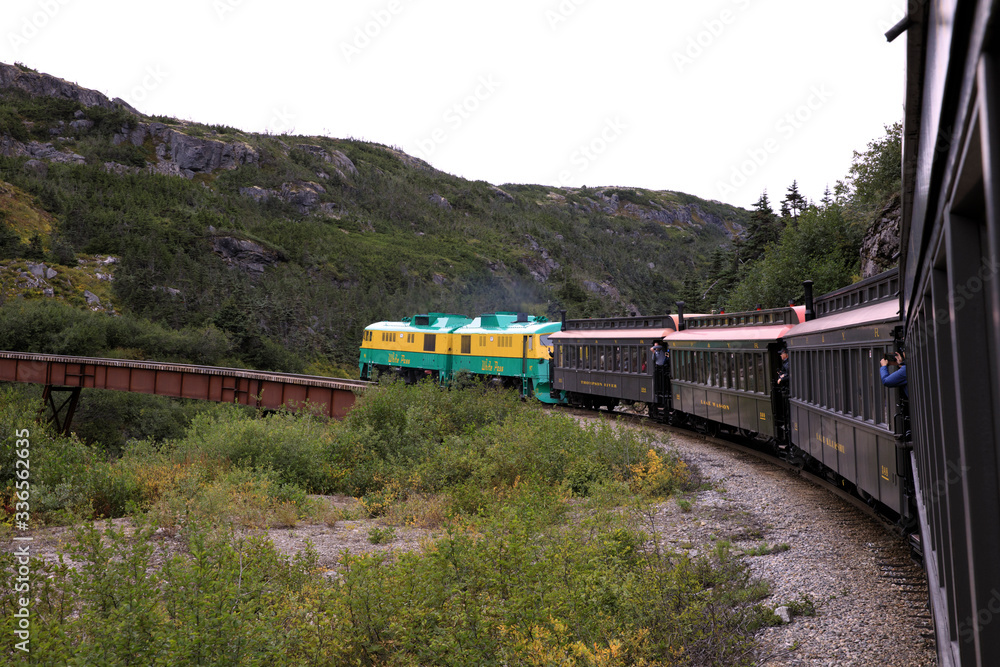 Skagway, Alaska / USA - August 10, 2019: White pass train, Skagway, Alaska, USA Skagway, Alaska / USA - August 10, 2019: White pass train, Skagway, Alaska, USA