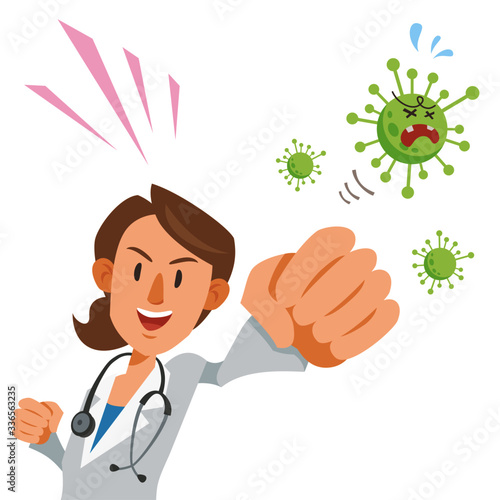 Female doctor fights virus with strong punch. Concept to fight off COVID-19. Vector illustration in flat cartoon style.