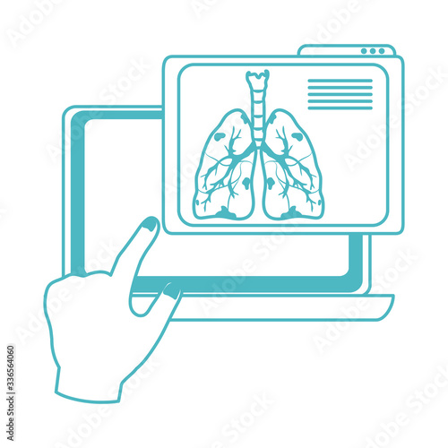 online doctor, hand touching display laptop diagnostic lung medical covid 19, line style icon