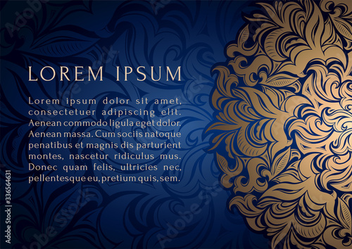 Blue ultramarine and gold luxury background vector. Islamic paisley mandala royal pattern card template. Ethnic design for Ramadan, Christmas, New year, beauty spa salon, wedding, invitation