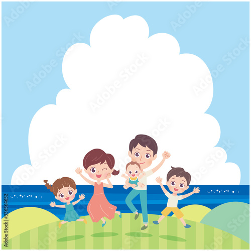Illustration of a family of five having fun on the top of the sea