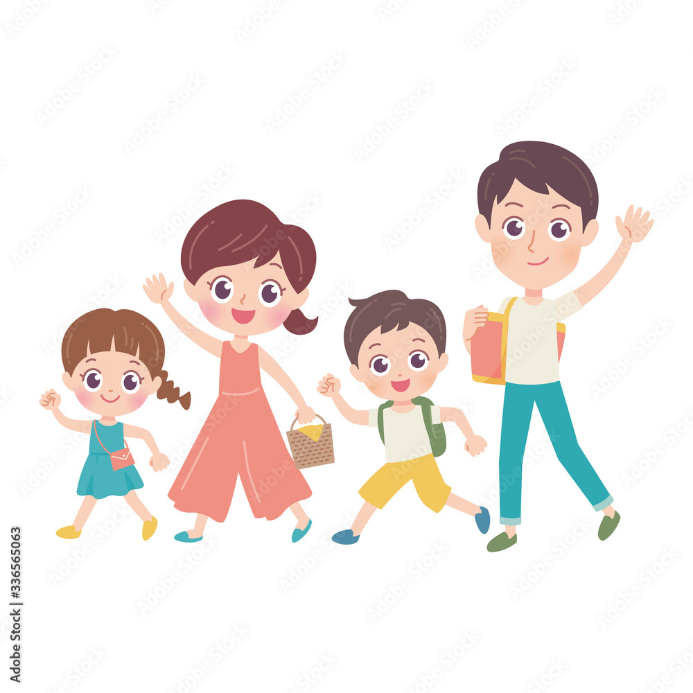 Illustration of a family of four happily going out Illustration of a family of four happily going out