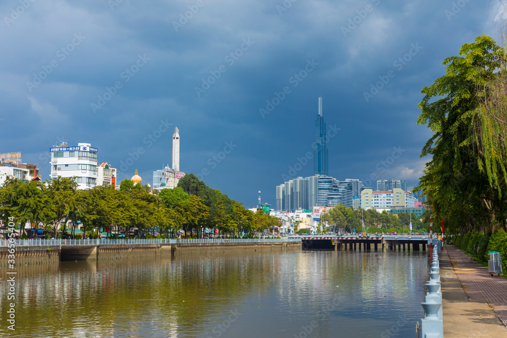 View of one of the Saigon River canal in Ho Chi Minh City, Vietnam