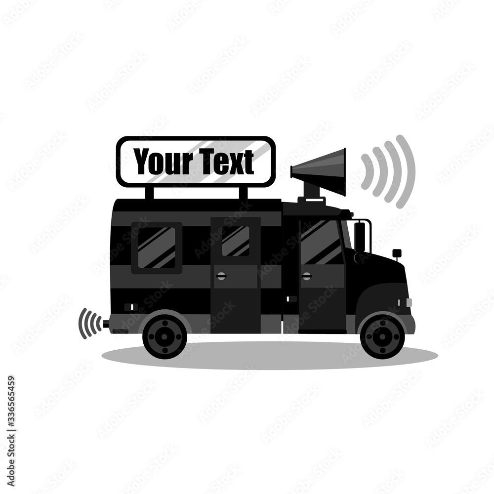 Black mini truck with an inscription on the roof and a loudspeaker, illustration for announcements, advertising, promotions, promotional codes and special offers and promotions. Isolated color vector Black mini truck with an inscription on the roof and a loudspeaker, illustration for announcements, advertising, promotions, promotional codes and special offers and promotions. Isolated color vector