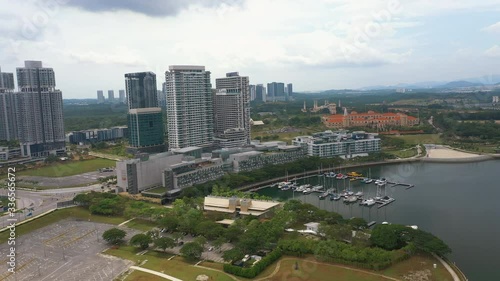 4K Aerial view of Modern mix development building near lakeside. Iskandar Puteri, Johor Bahru
