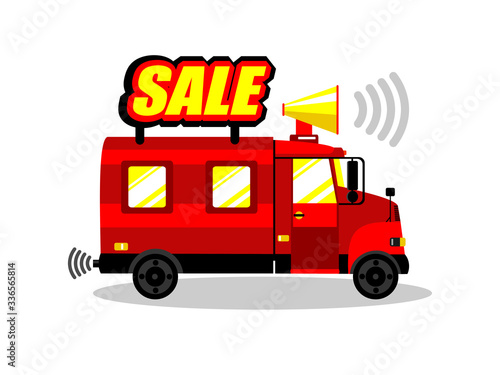 Advertising red mini truck with the inscription sale and loudspeaker on the roof, illustration for announcements, advertising, promotions, promotional codes and special offers and promotions. vector