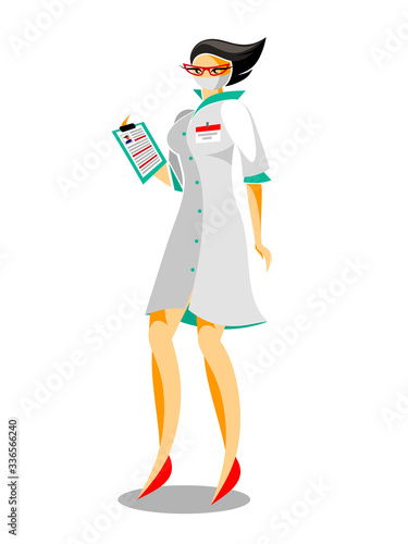 Woman doctor, full length nurse with folder in medical uniform and protective antimicrobial mask, color isolated illustration in flat style, vector