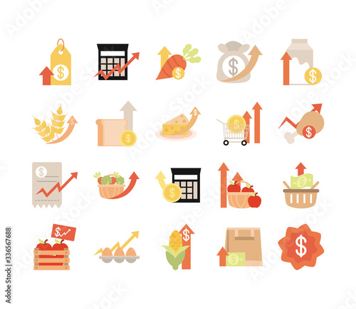 rising food prices, market commerce icons set flat style icon