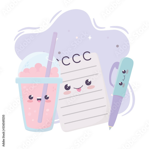 cute notepad pen and milkshake kawaii cartoon character
