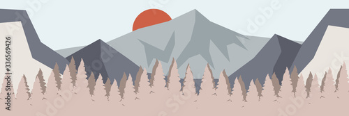Vector landscape panorama with pine trees and mountain range in earth color tones.