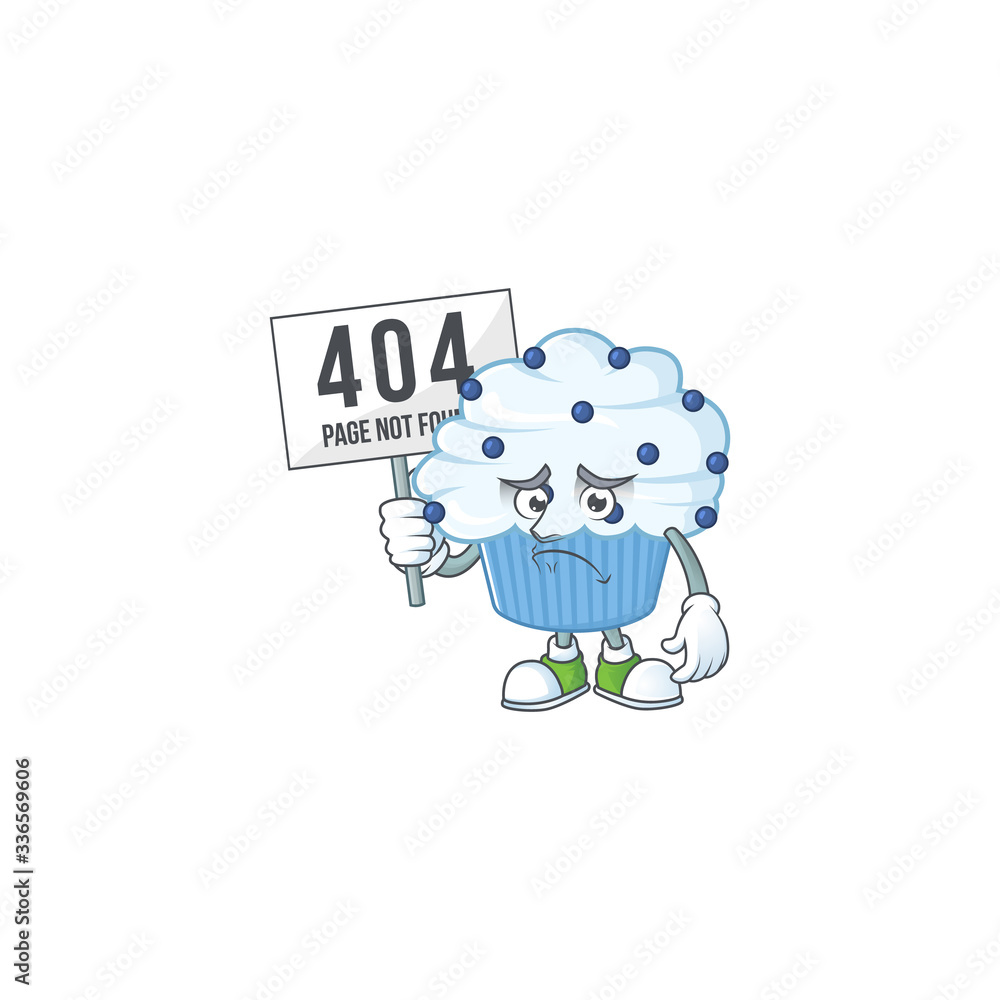 Sad face of vanilla blue cupcake cartoon character raised up 404 boards